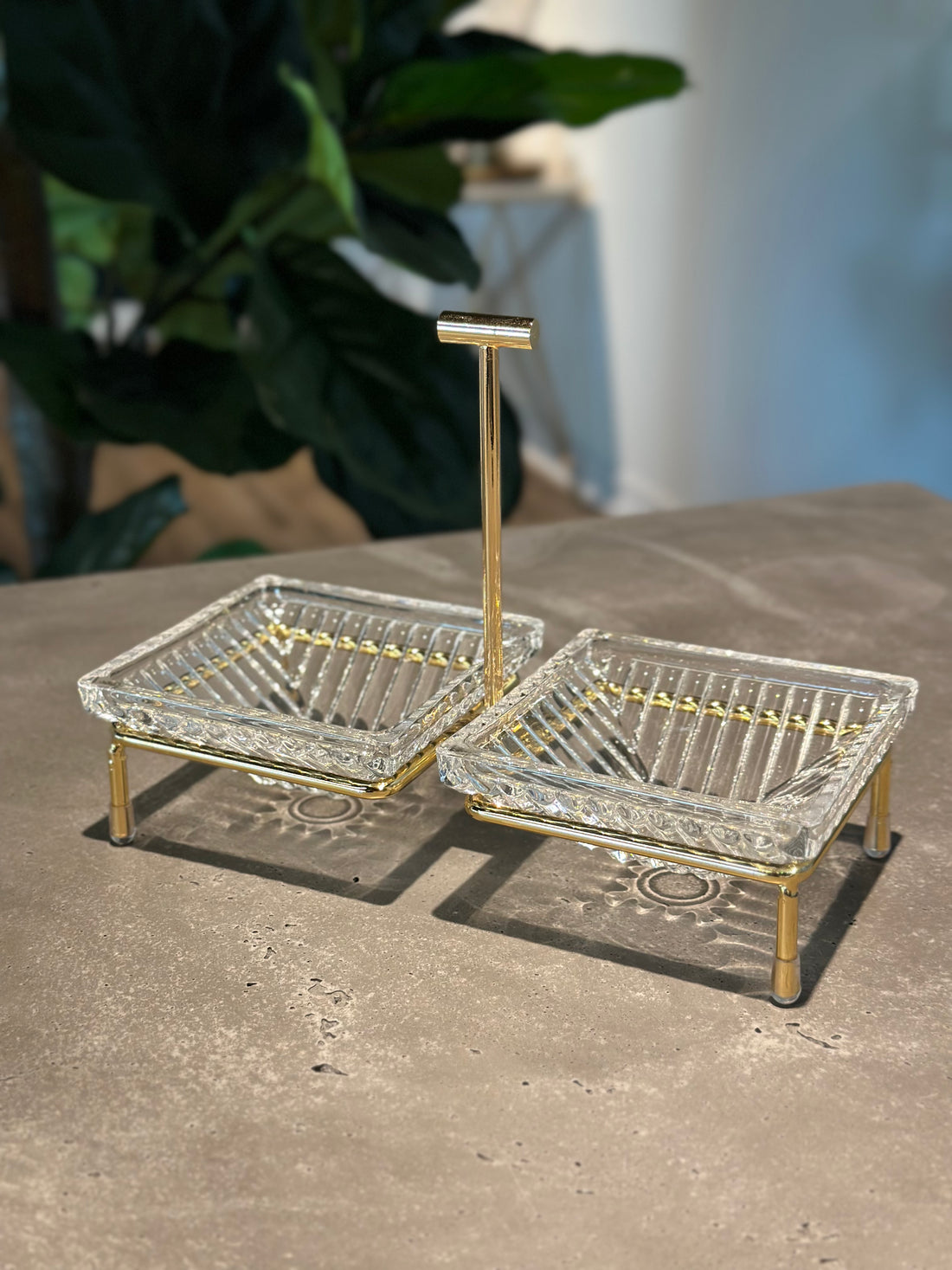 Dual Square Glass Dishes with Gold Stand