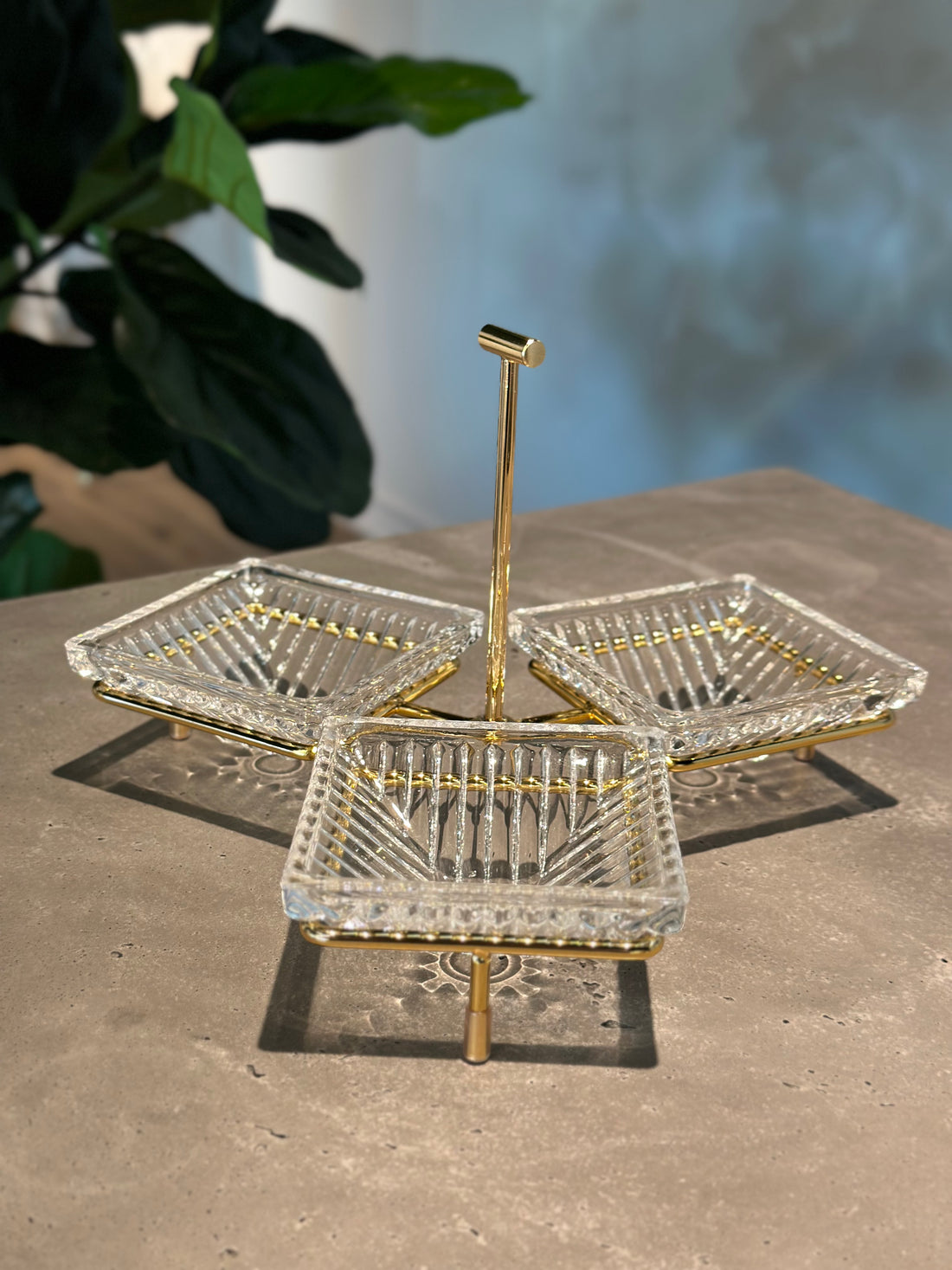 Triple Square Glass Dishes with Gold Stand