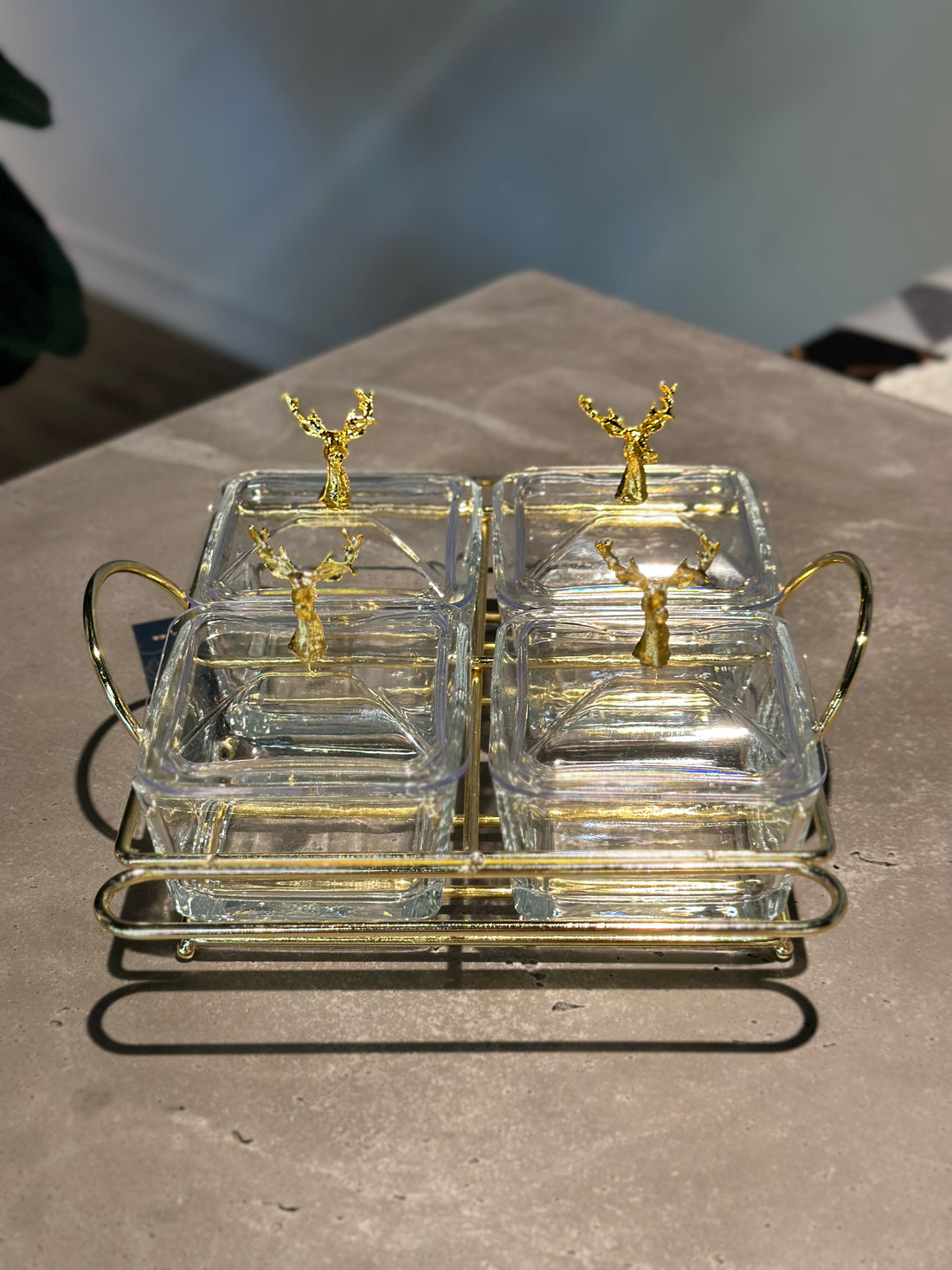 Quadruple Glass Dishes with Deer Lid Accents and Gold Holder