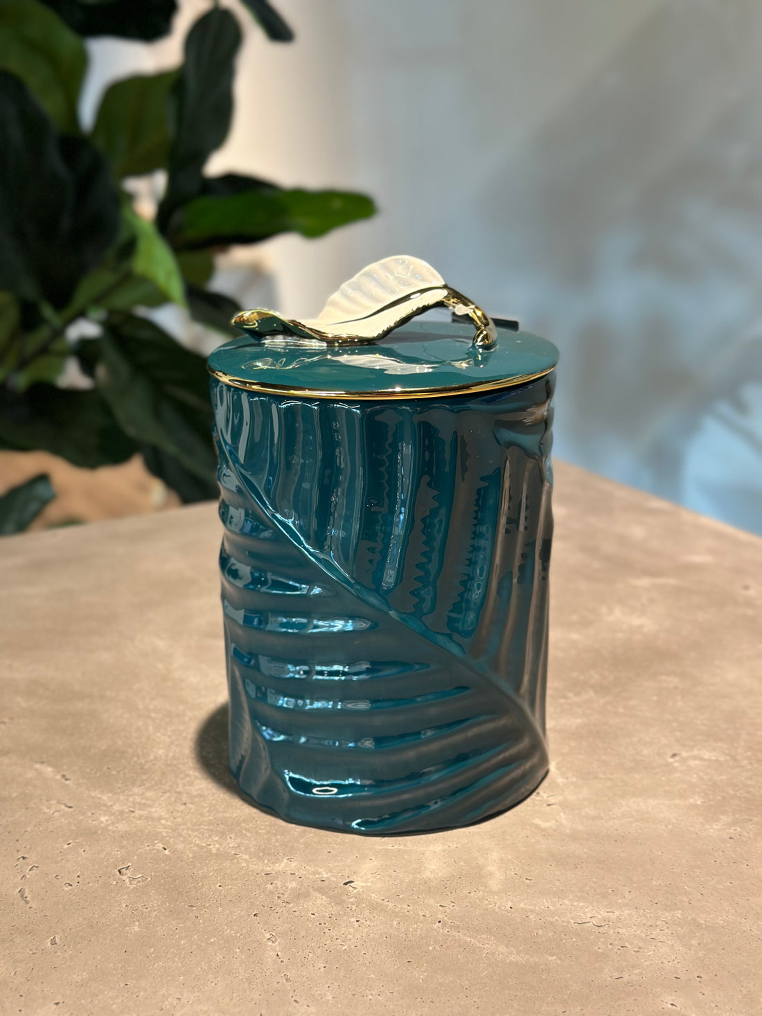 Teal Decorative Container with Leaf Handle