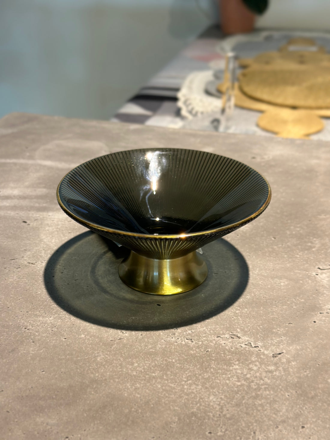 Small Green Ribbed Bowl with Gold Base