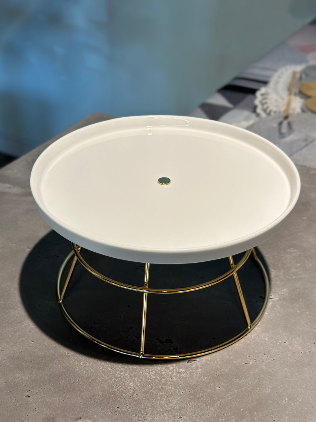 White Cake Stand with Gold Wire Base