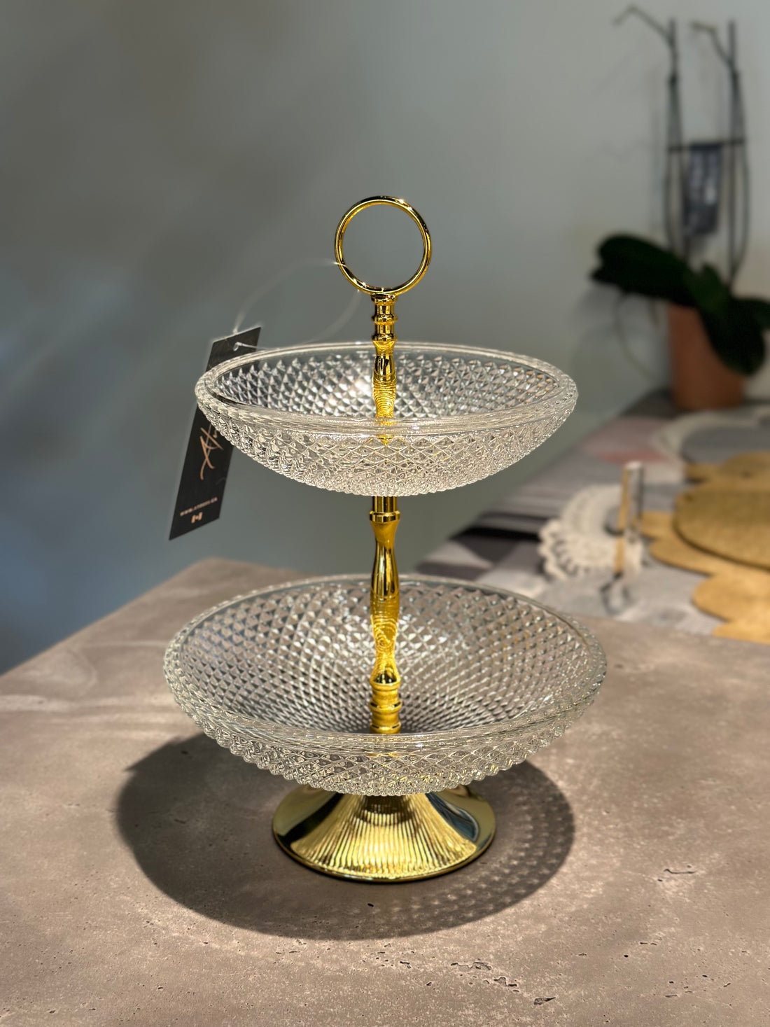 Two-Tier Glass Stand with Gold Accents