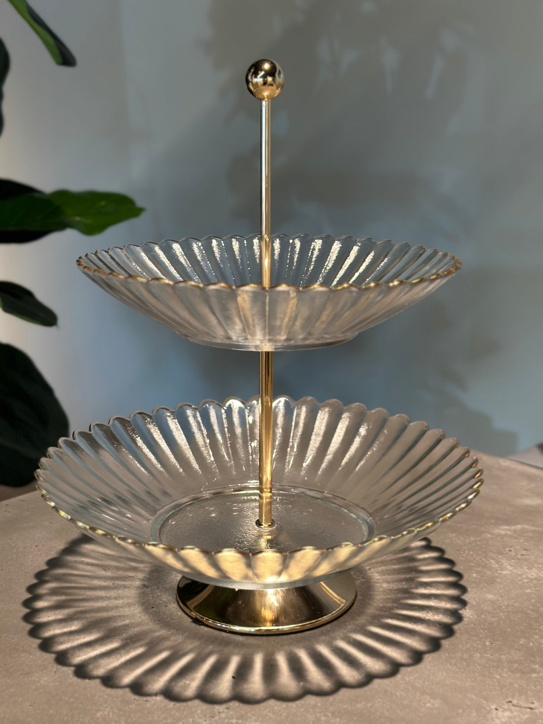 Two-Tier Fluted Glass Serving Stand with Gold Details