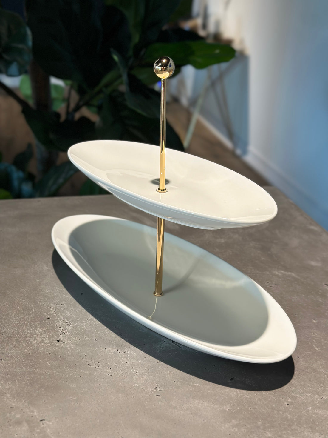 Two-Tier Oval White and Gold Serving Tray