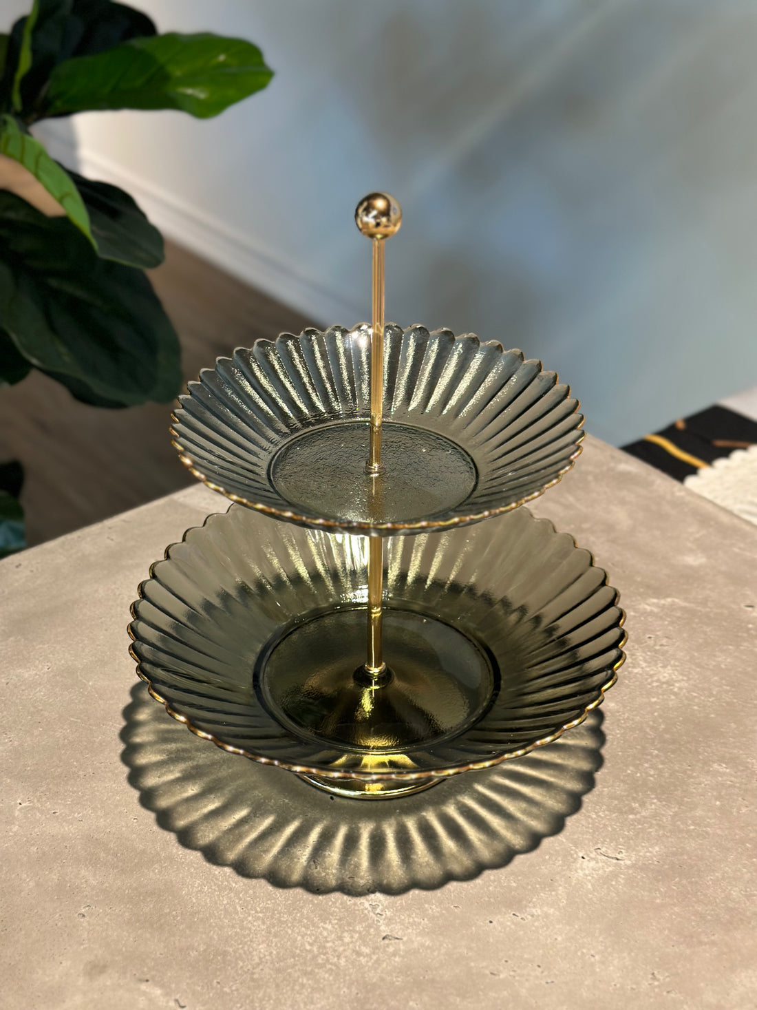 Two-Tier Glass Serving Stand with Gold Accents