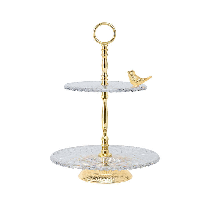 Two-Tier Glass Serving Stand with Gold Handle and Bird Accent