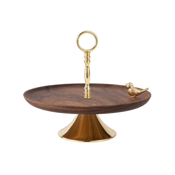 Single-Tier Wooden Serving Tray with Gold Accents