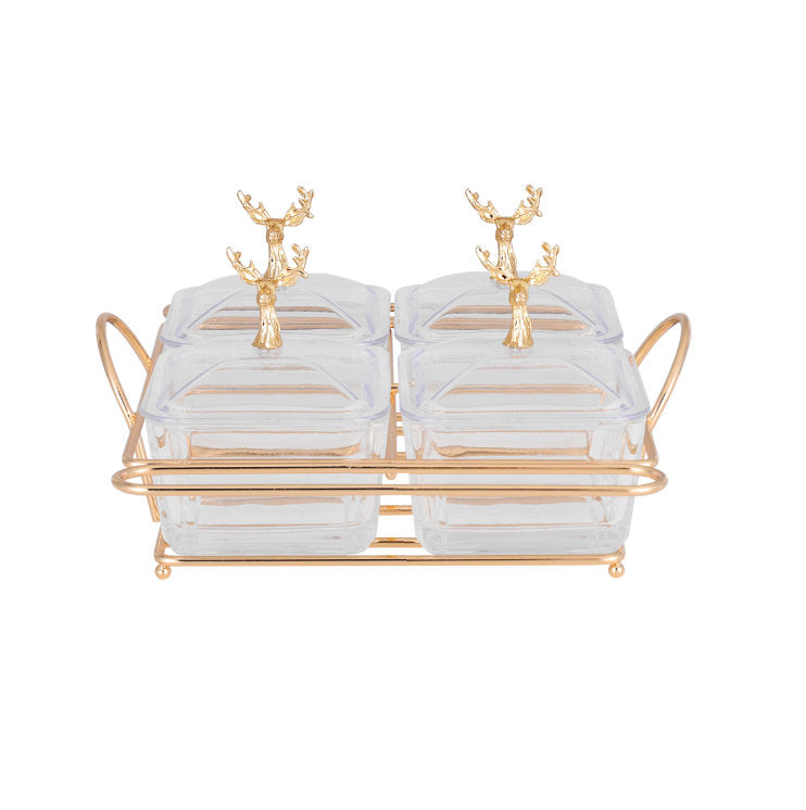 Quadruple Glass Dishes with Deer Lid Accents and Gold Holder