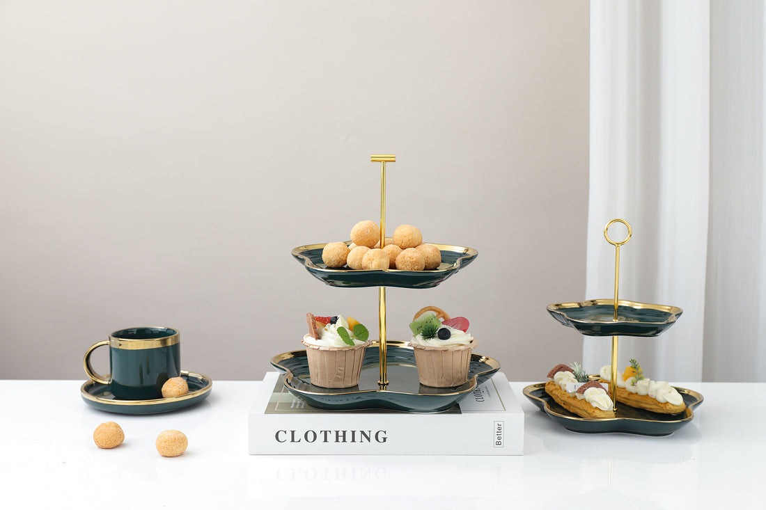 Two-Tier Green and Gold Serving Tray