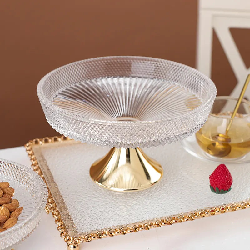 Elegant Textured Glass Serving Bowl with Gold Pedestal