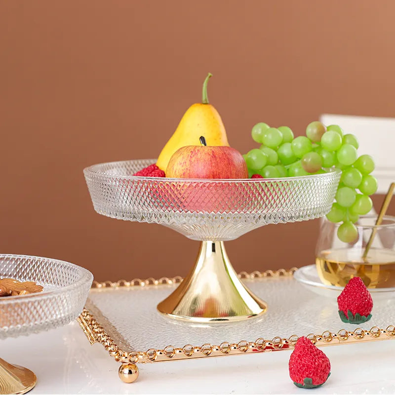 Elegant Textured Glass Serving Bowl with Gold Pedestal