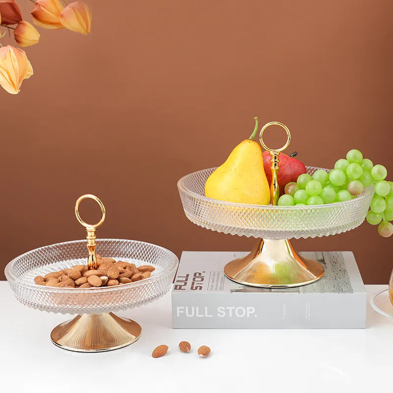 Single-Tier Textured Glass Serving Stand with Gold Handle