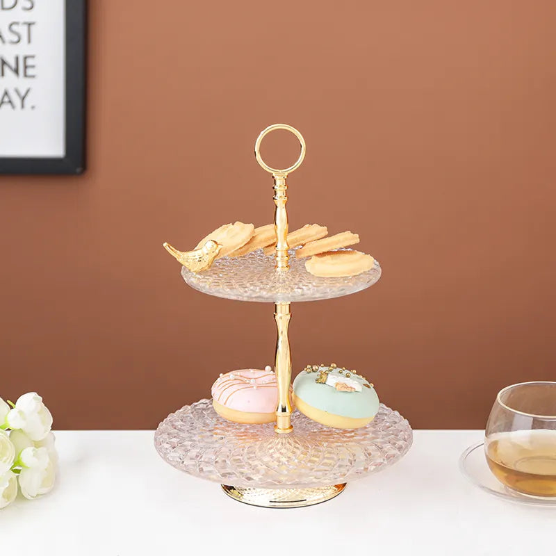 Two-Tier Glass Serving Stand with Gold Handle and Bird Accent