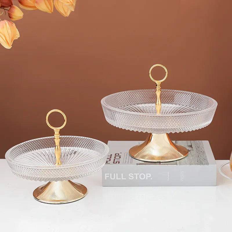 Single-Tier Textured Glass Serving Stand with Gold Handle