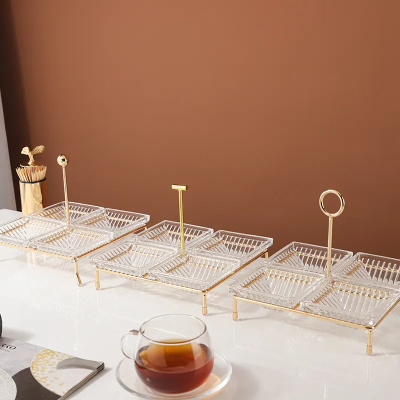 Quadruple Square Glass Dishes with Gold Stand