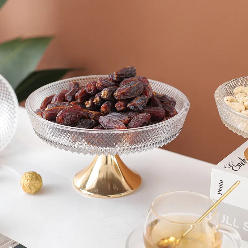 Elegant Textured Glass Serving Bowl with Gold Pedestal