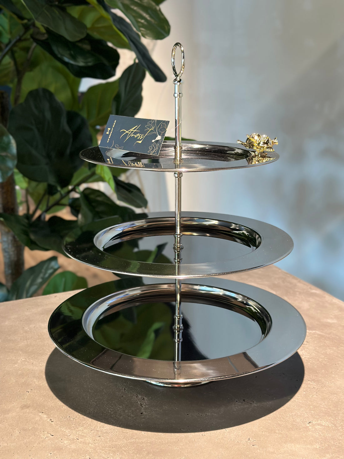 Three-Tier Stainless Steel Tray with Golden Pomegranate