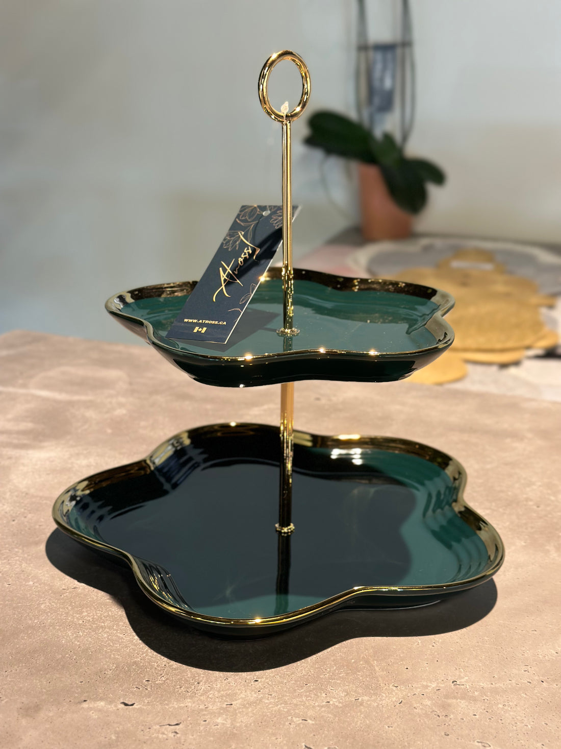 Two-Tier Green and Gold Serving Tray