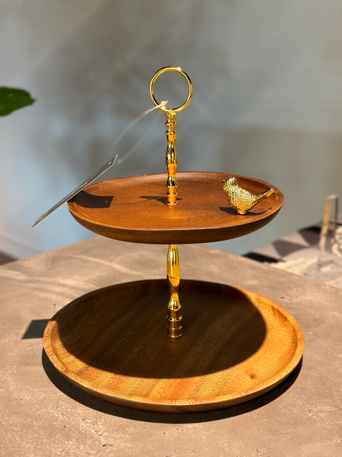 Two-Tier Wooden Serving Tray with Bird Accent