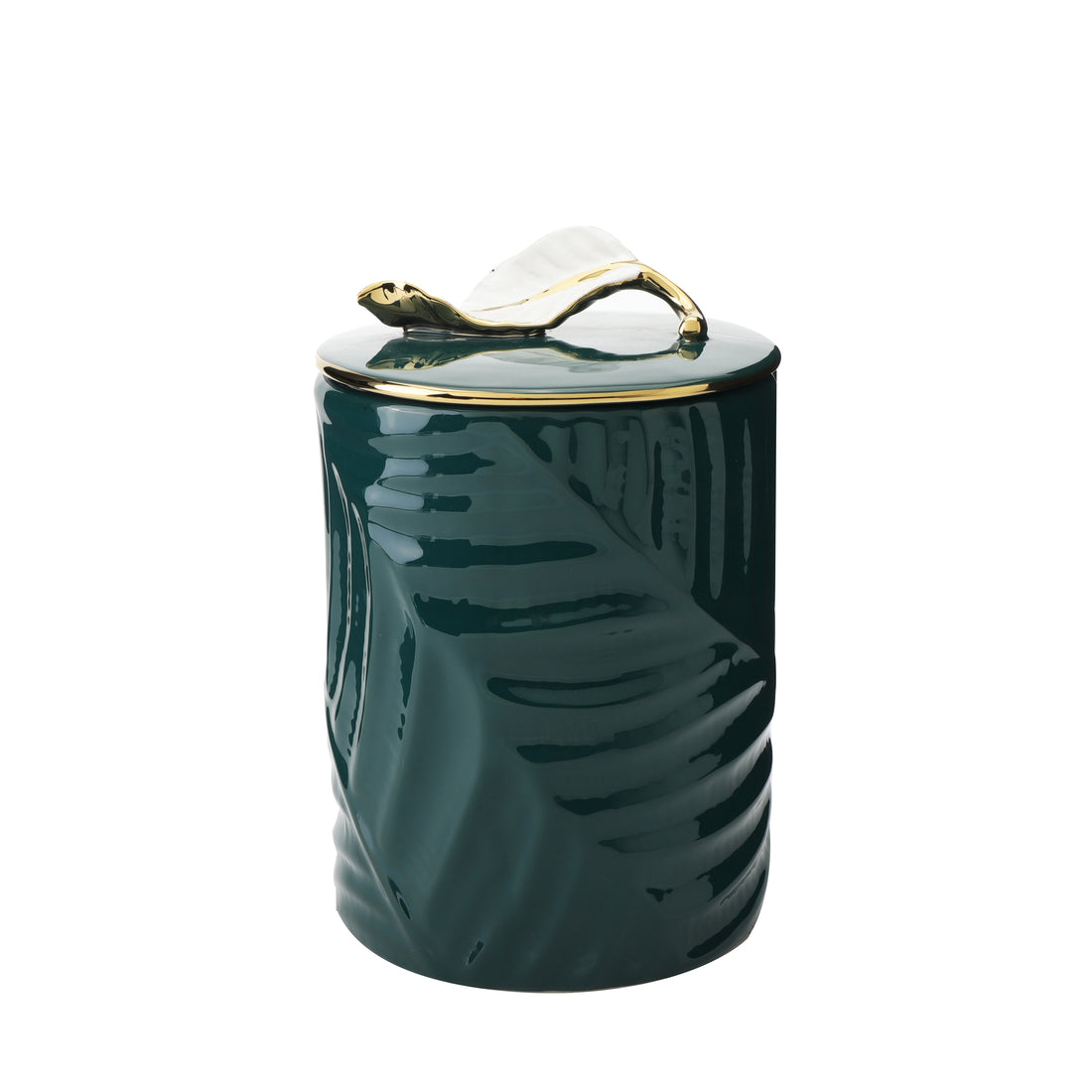 Teal Decorative Container with Leaf Handle