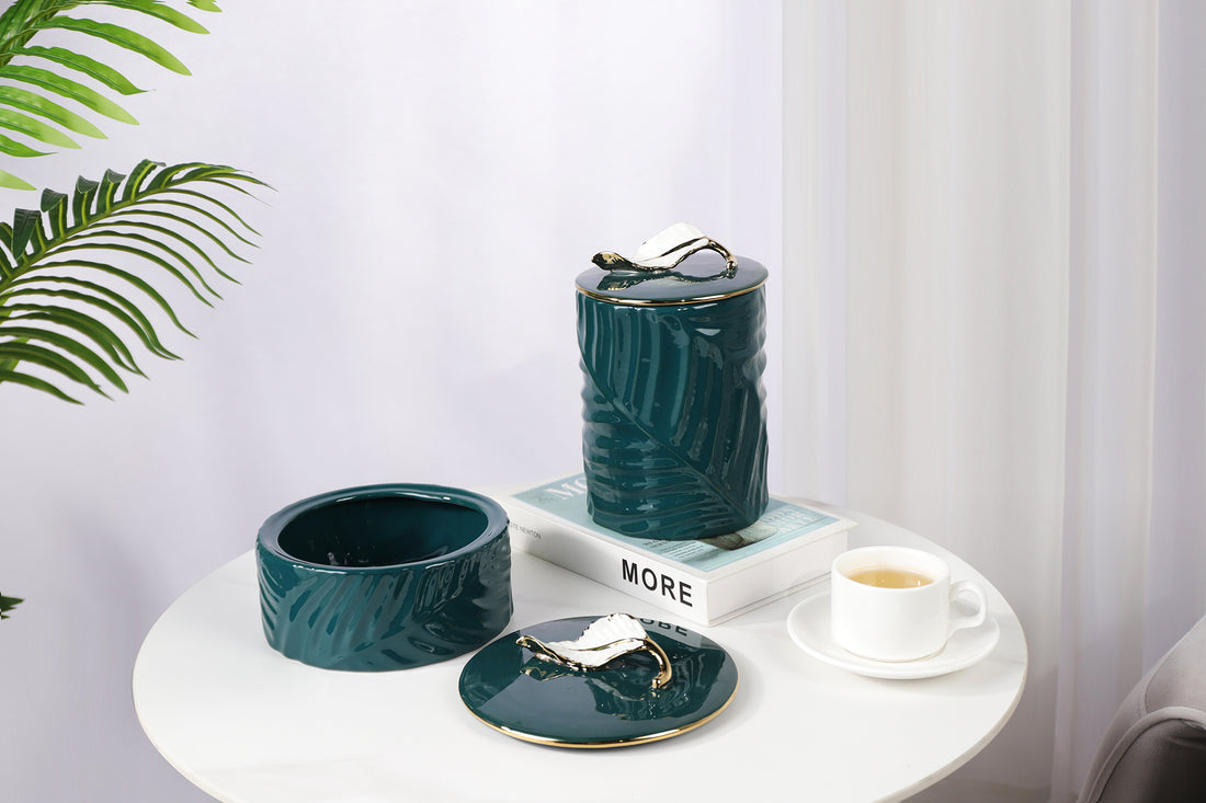 Teal Decorative Container with Leaf Handle