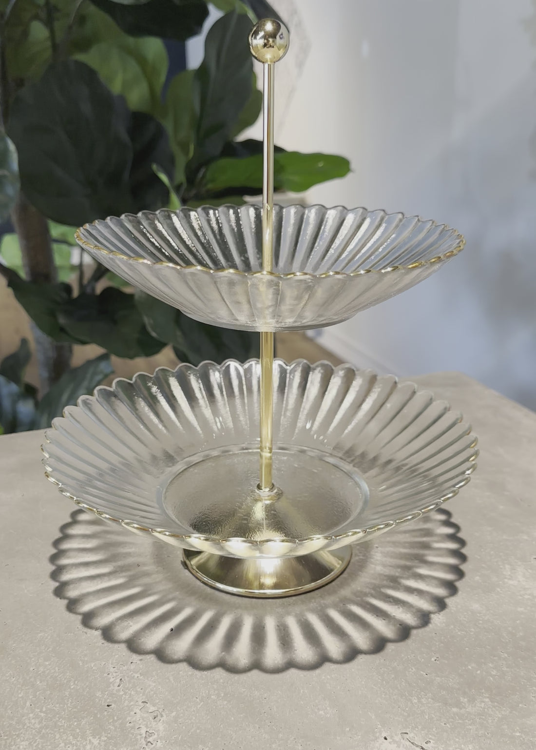 Two-Tier Fluted Glass Serving Stand with Gold Details