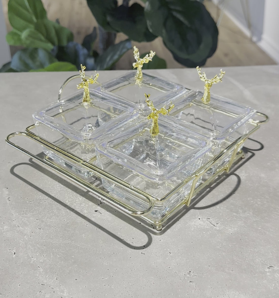 Quadruple Glass Dishes with Deer Lid Accents and Gold Holder