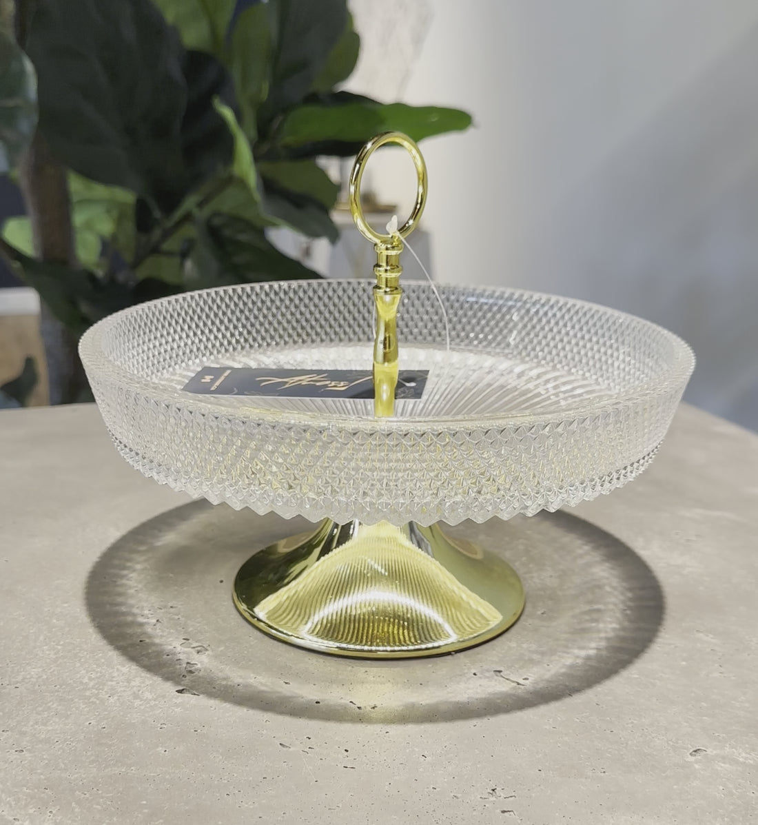 Single-Tier Textured Glass Serving Stand with Gold Handle