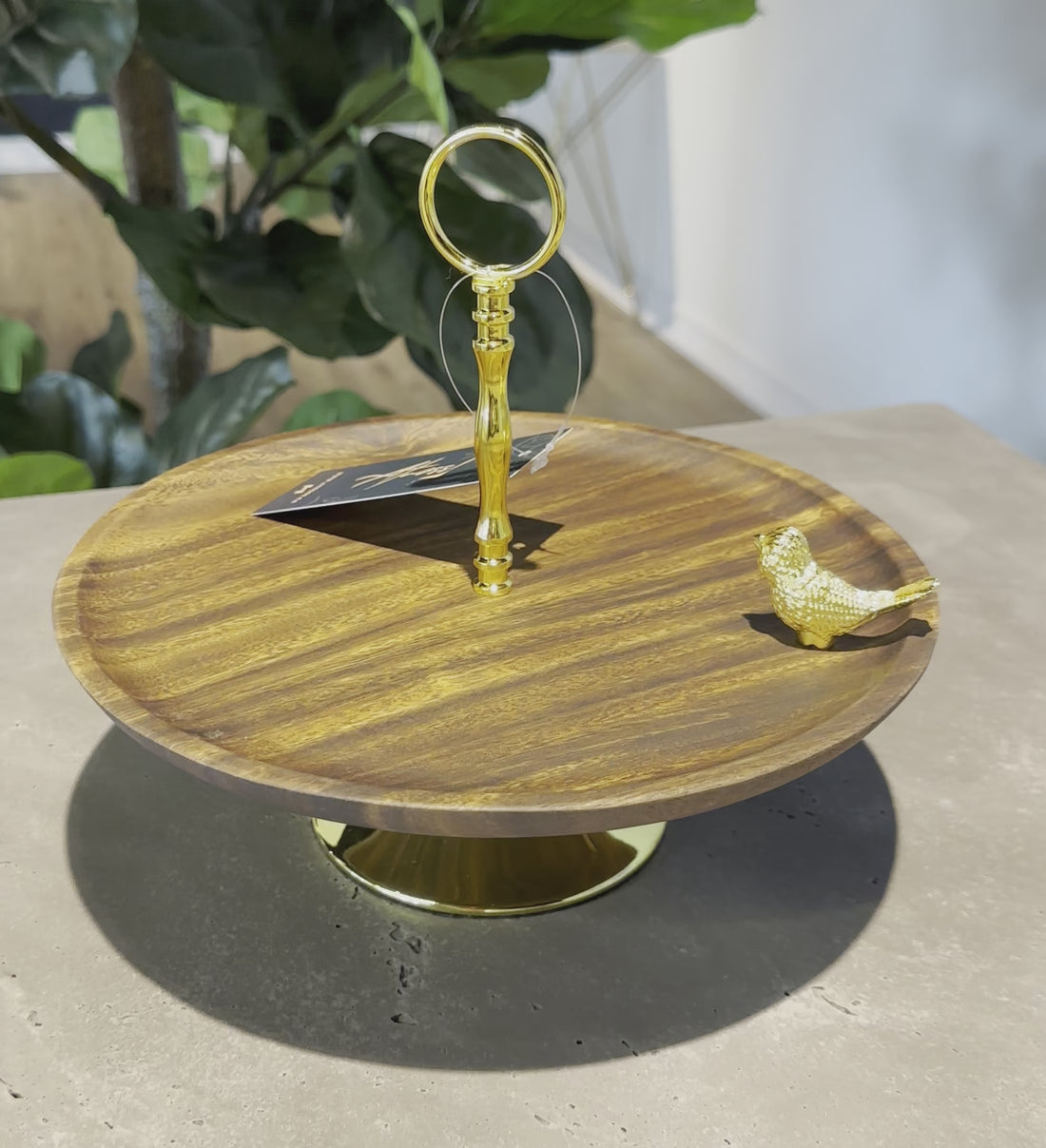 Single-Tier Wooden Serving Tray with Gold Accents