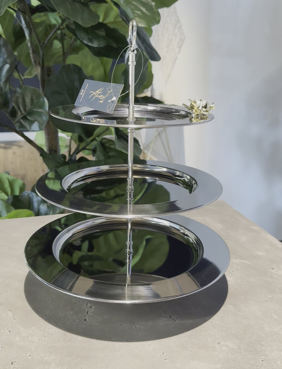 Three-Tier Stainless Steel Tray with Golden Pomegranate