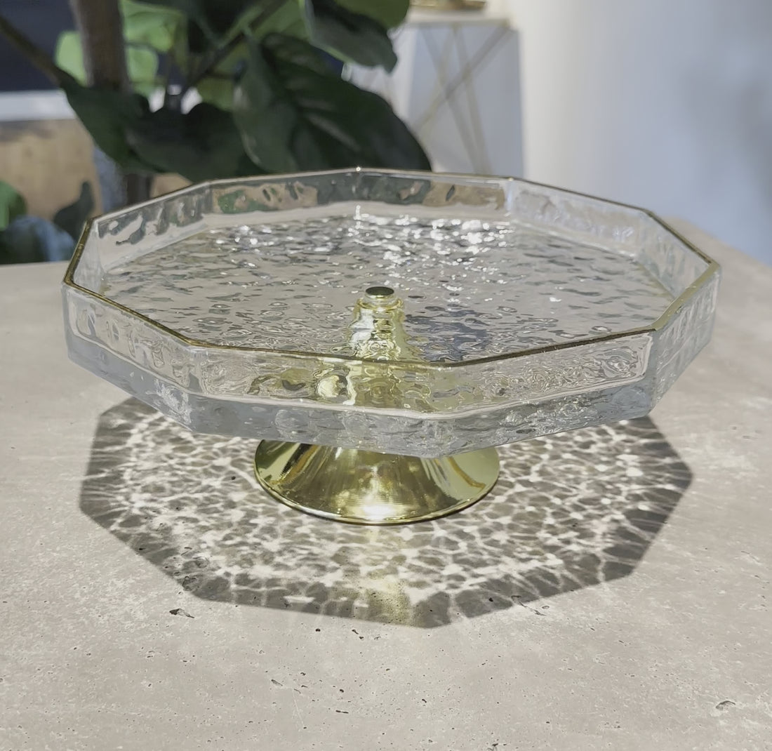 Octagonal Glass Serving Stand with Gold Pedestal