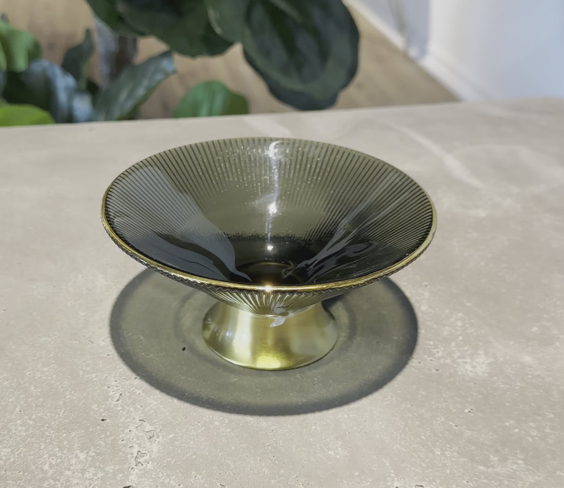 Small Green Ribbed Bowl with Gold Base