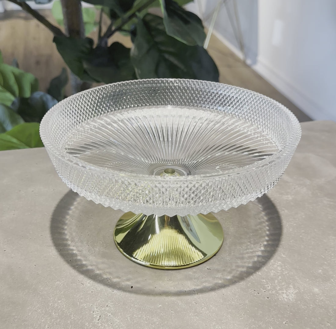 Elegant Textured Glass Serving Bowl with Gold Pedestal