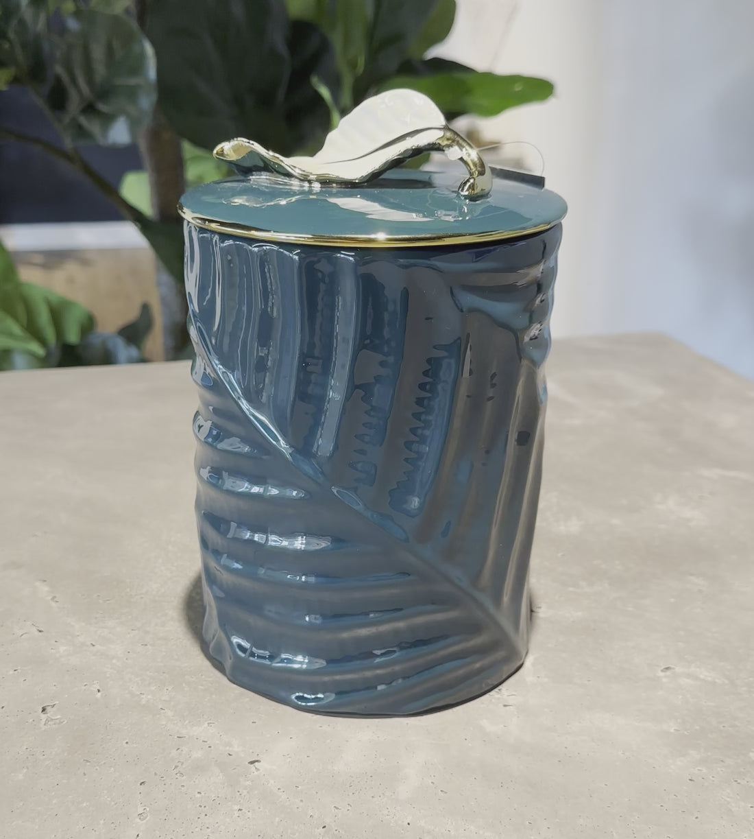 Teal Decorative Container with Leaf Handle