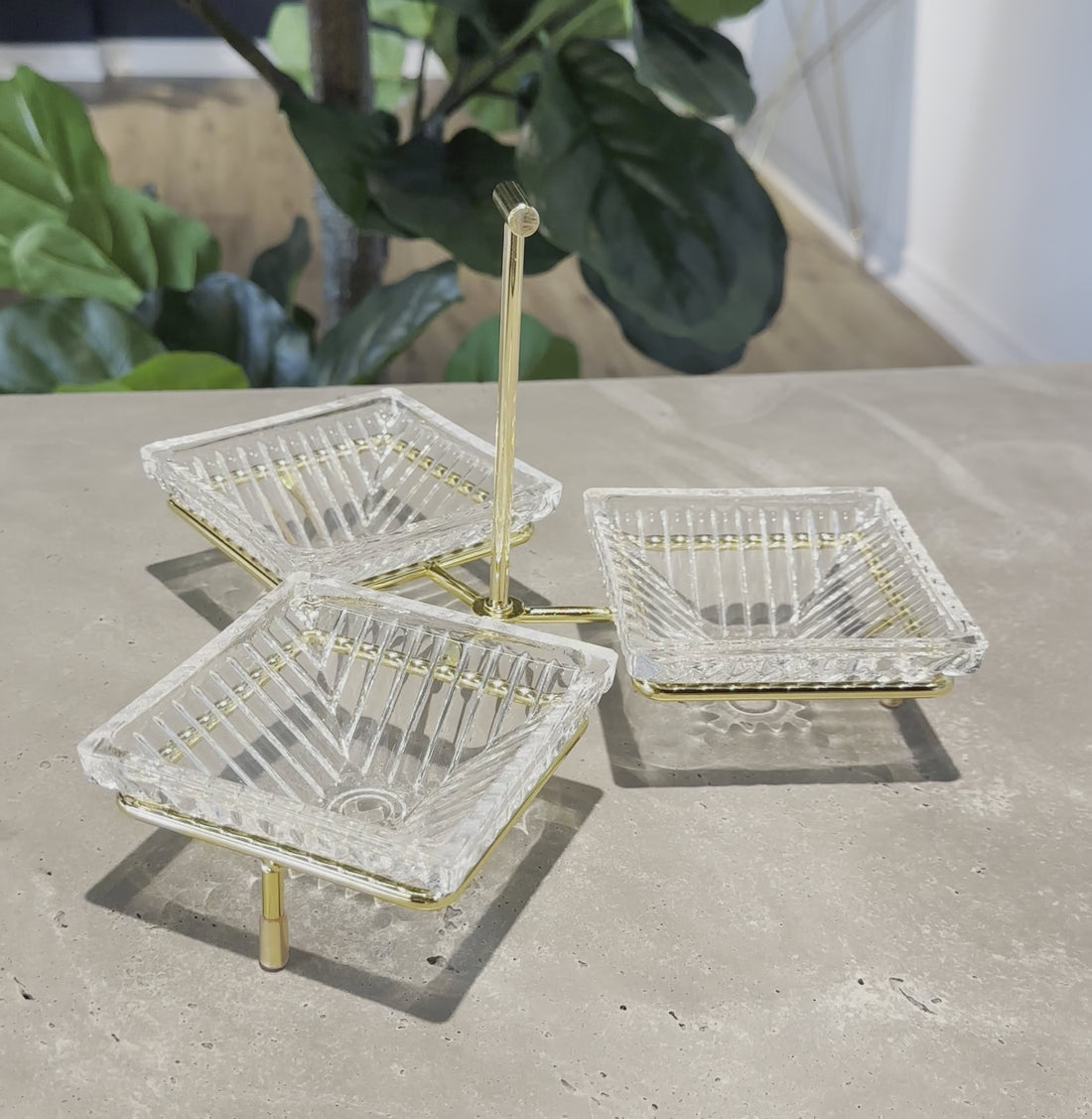 Triple Square Glass Dishes with Gold Stand